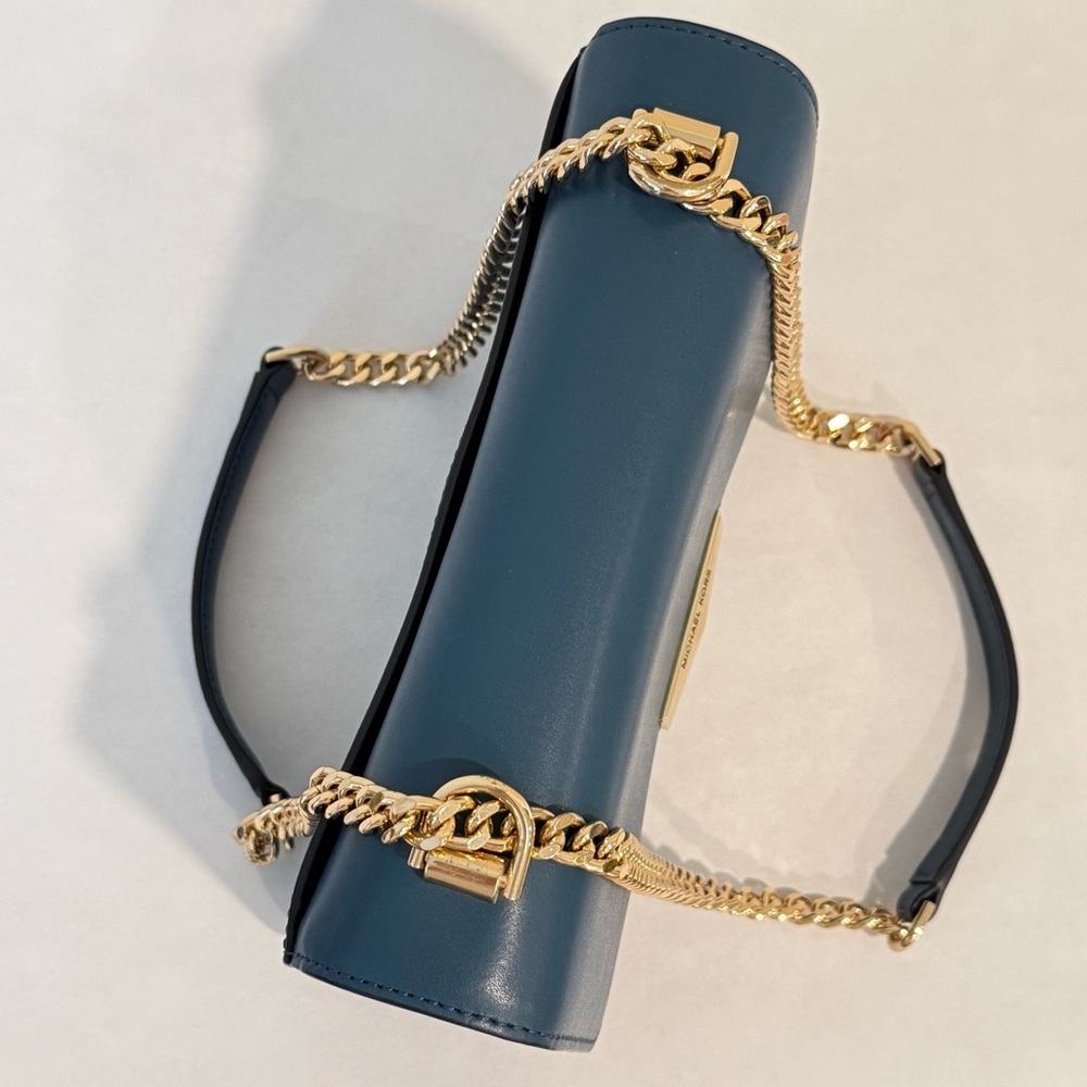 Michael Kors Jade Gusset Leather Shoulder Bag Blue Gold Chain Crossbody Shoulder - Picture 15 of 16
